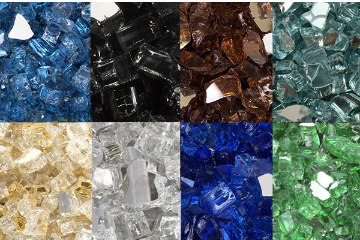 Fireglass examples in blue, black, amber, aqua, gold, clear, cobalt, and green