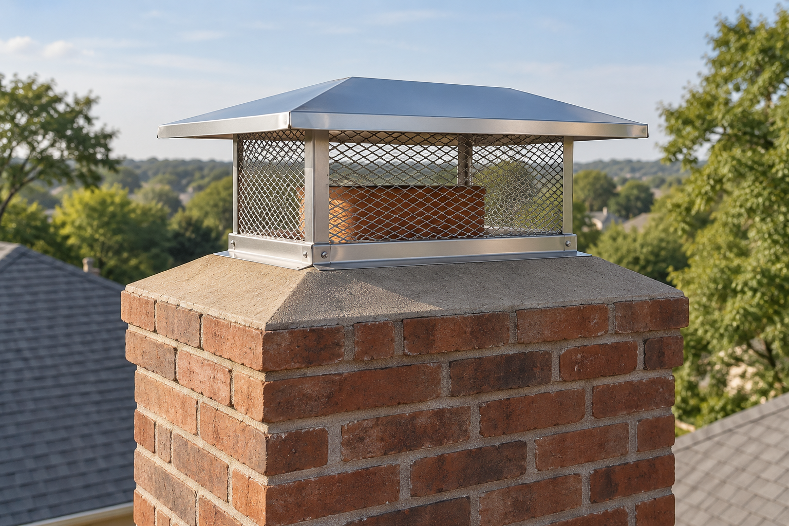 Stainless steel chimney cap with mesh sides above a brick masonry chimney