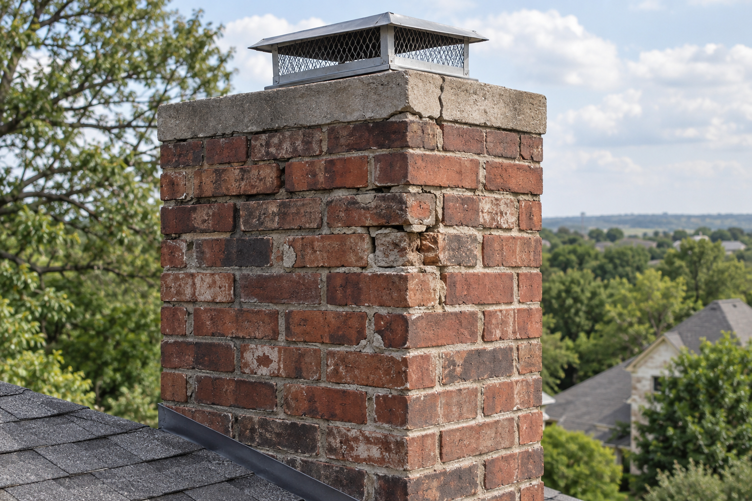 Weathered brick chimney with deteriorated mortar and a cracked concrete crown