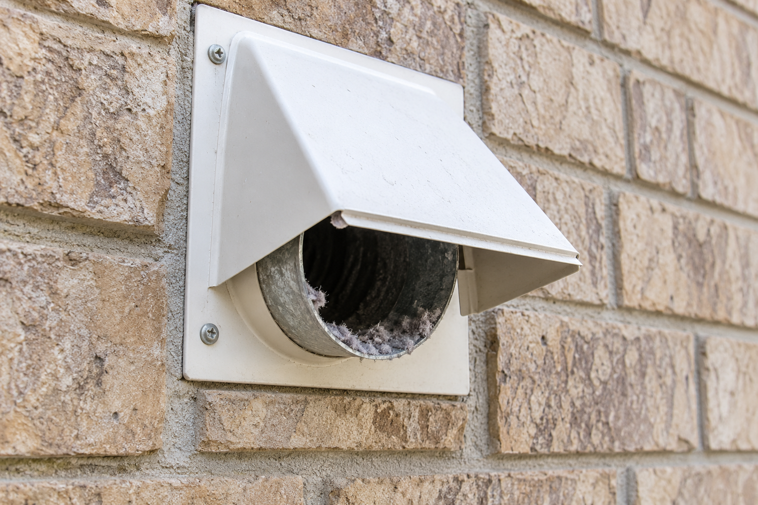 Exterior dryer exhaust hood with lint visible at the duct opening