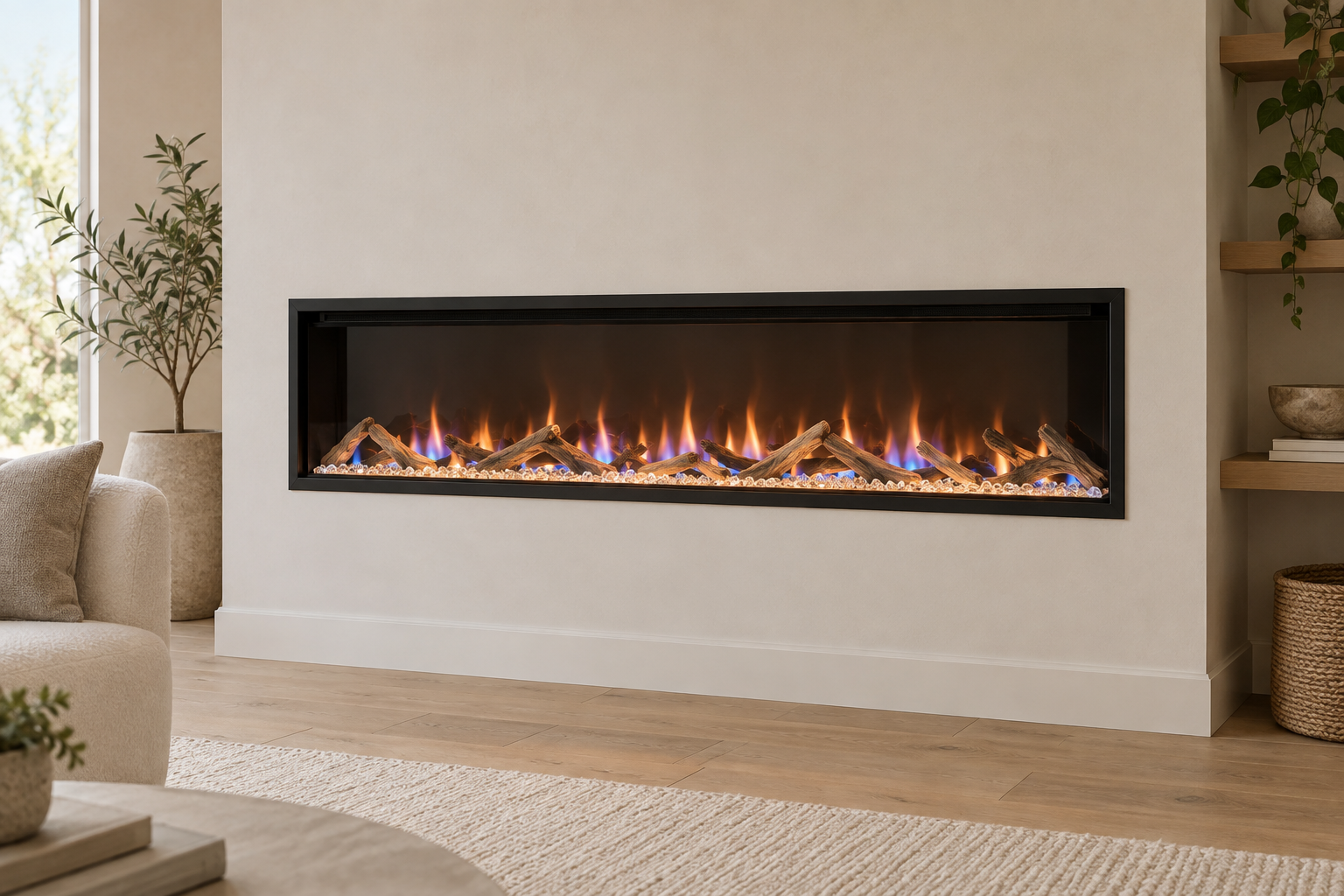 Illustrative linear electric fireplace with simulated flames and driftwood in a finished living room